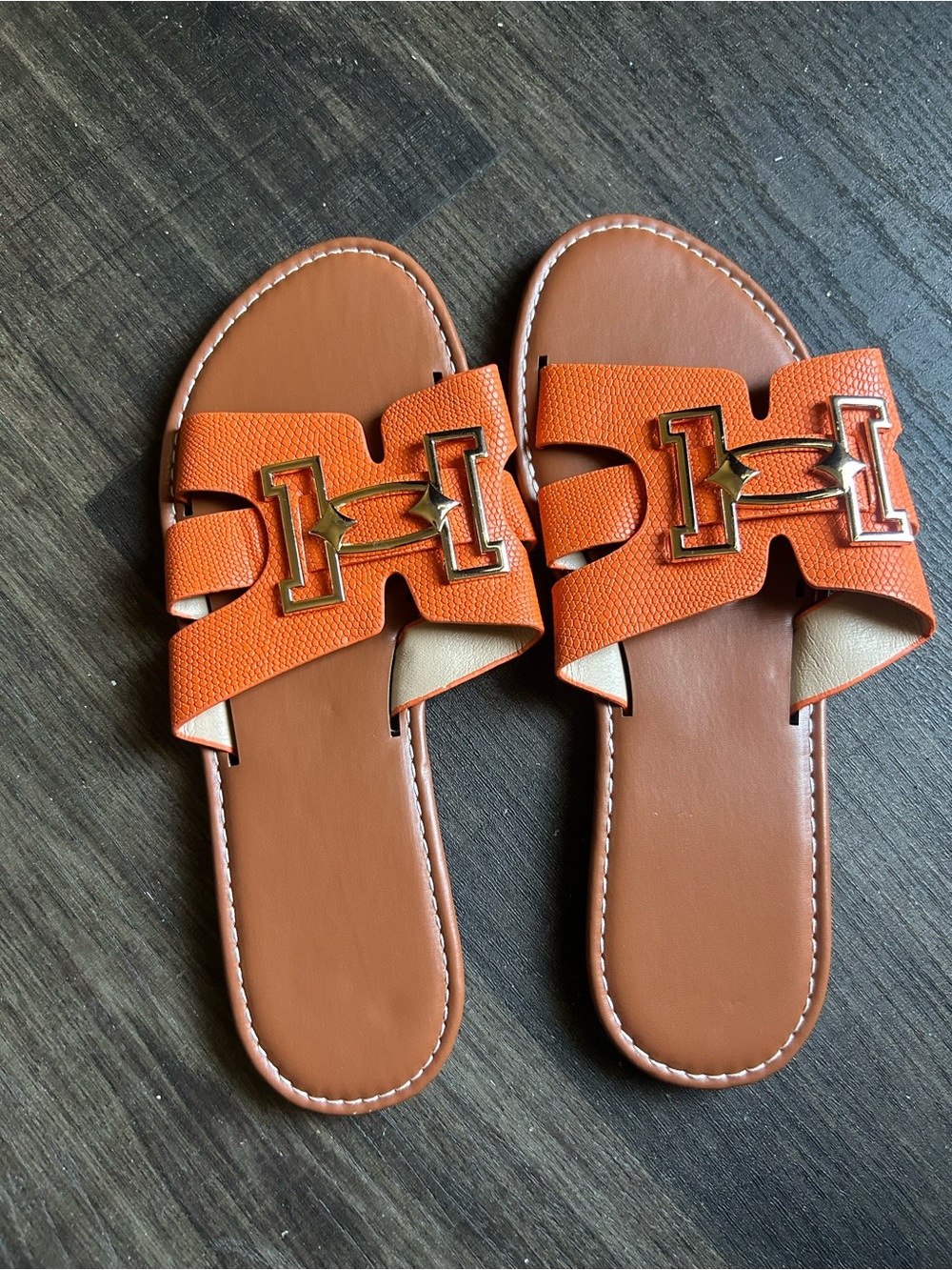 Women's Orange Slide Sandals with Gold Hardware